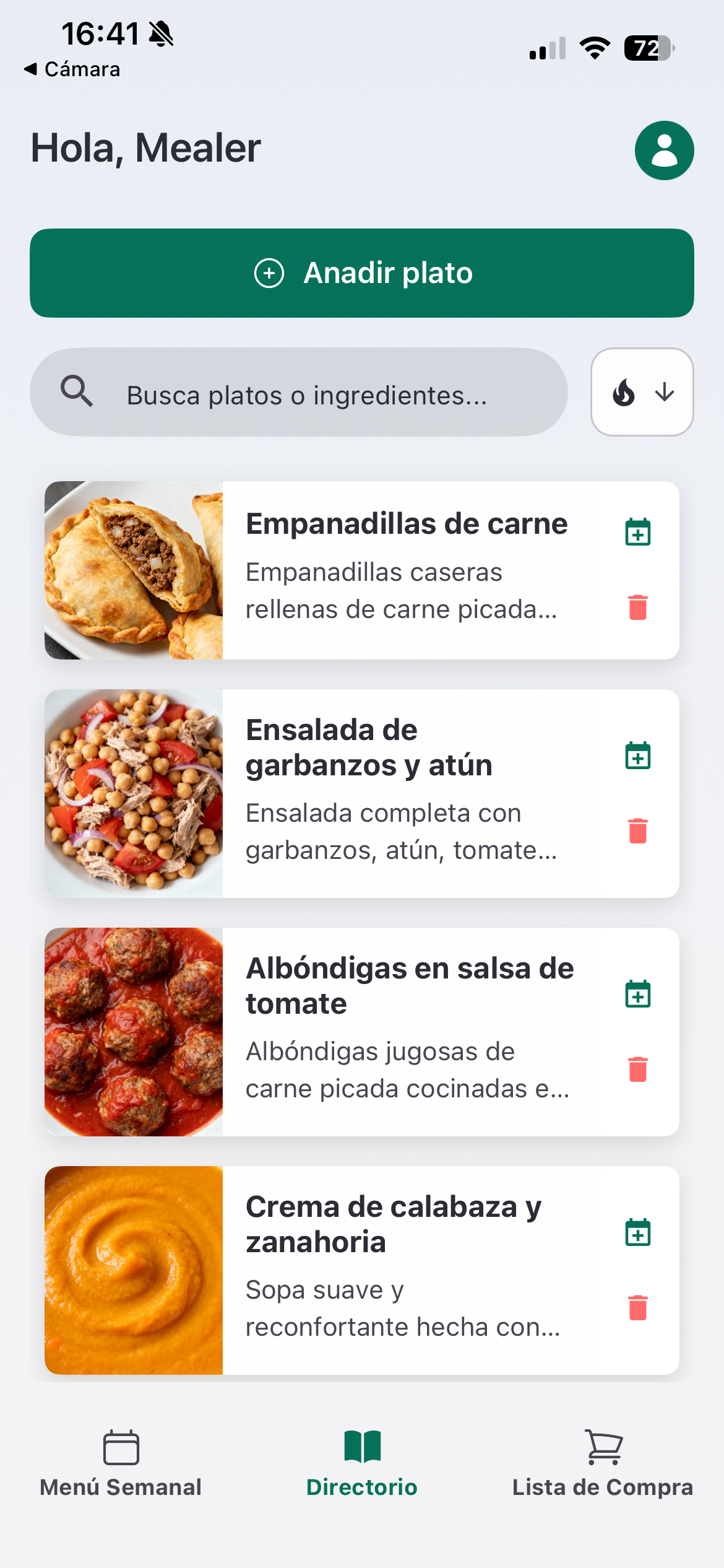 Directorio de platos guardados en Mealer